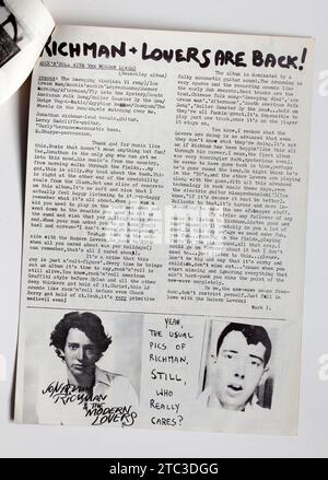 Feature about Jonathan Richman and the Modern Lovers in issue No 11 of 1970s Sniffin Glue Punk Rock Fanzine Magazine Stock Photo