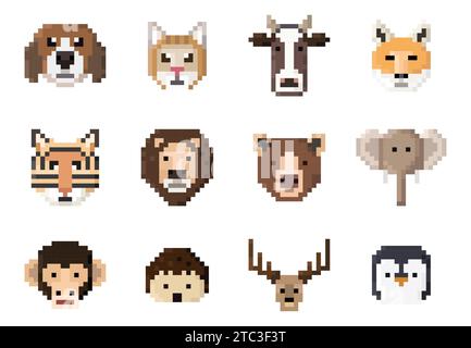 animals faces in pixel art style vector set Stock Vector