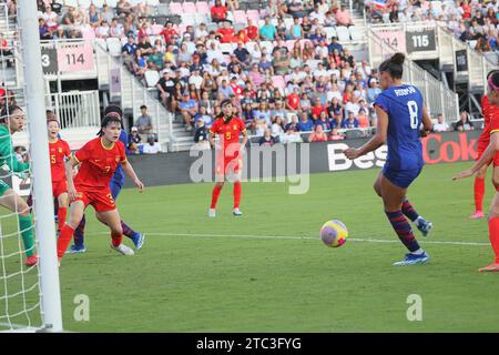 United States Women’s National Team forward Trinity Rodman (8) scores a goal at DRV PNK Stadium on December 2, 2023 in Ft. Lauderdale, FL.  United States defeated China PR 3-0 (Credit: Paul Fong/Image of Sport) Stock Photo