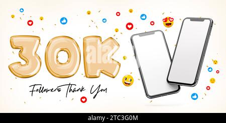 30K followers celebration. With two blank white screen smartphones. Posting on social media. Advertising banner. 3D rendering Stock Photo