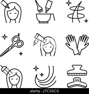 Hairdresser service outline icons set. Beauty industry. Professional hair styling. Pictograms collection for web page, mobile app, promo. UI UX GUI de Stock Vector