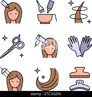 Hairdresser service color icons set. Beauty industry. Professional hair styling. Pictograms collection for web page, mobile app, promo. UI UX GUI desi Stock Vector