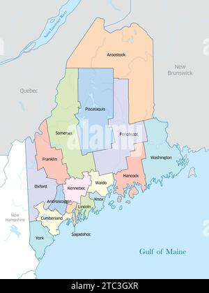Multi-colored map displaying the many counties that make up the state of Maine in the United States. Stock Photo