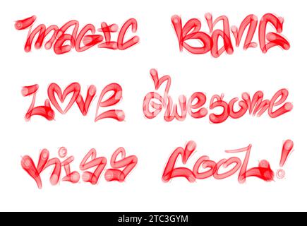 Collection of graffiti street art tags with words and symbols in red color on white background Stock Photo