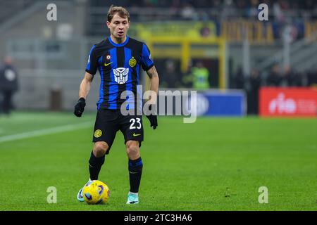 Nicolo Barella of FC Internazionale seen in action during the 2023–24 Serie A football match between Inter and Udinese at Giuseppe Meazza Stadium. Final score; Inter 4:0 Udinese. Stock Photo