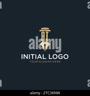 AT monogram initial logo with fountain pen and pillar style design ideas Stock Vector