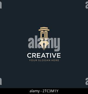 CQ monogram initial logo with fountain pen and pillar style design ideas Stock Vector