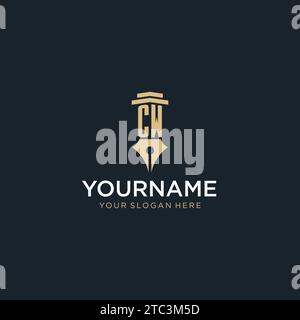 CW monogram initial logo with fountain pen and pillar style design ideas Stock Vector