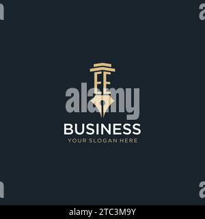 EE monogram initial logo with fountain pen and pillar style design ideas Stock Vector