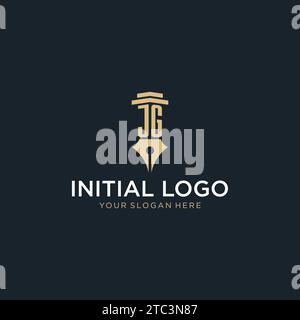 JG monogram initial logo with fountain pen and pillar style design ideas Stock Vector