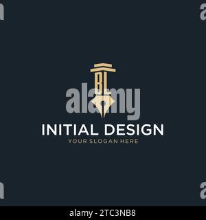 BL monogram initial logo with fountain pen and pillar style design ideas Stock Vector
