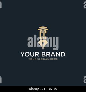 CC monogram initial logo with fountain pen and pillar style design ideas Stock Vector
