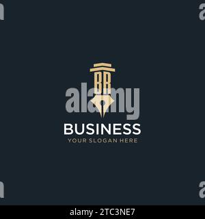 BR monogram initial logo with fountain pen and pillar style design ideas Stock Vector