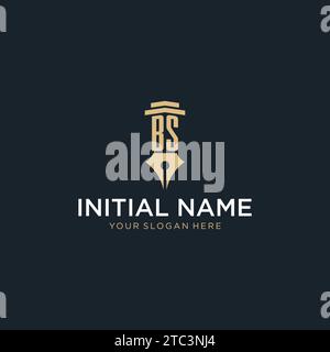 BS monogram initial logo with fountain pen and pillar style design ideas Stock Vector