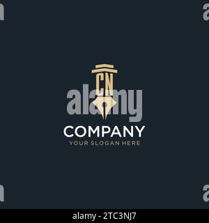 CN monogram initial logo with fountain pen and pillar style design ideas Stock Vector