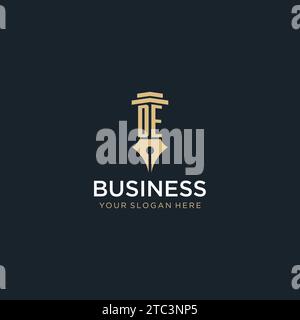 DE monogram initial logo with fountain pen and pillar style design ideas Stock Vector