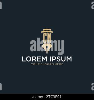 CM monogram initial logo with fountain pen and pillar style design ideas Stock Vector