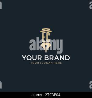 EC monogram initial logo with fountain pen and pillar style design ideas Stock Vector