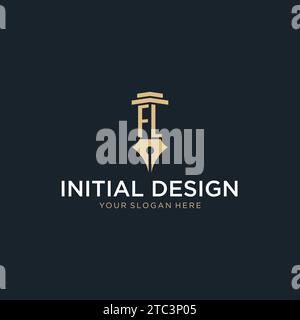FL monogram initial logo with fountain pen and pillar style design ideas Stock Vector