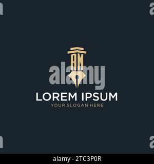 AM monogram initial logo with fountain pen and pillar style design ideas Stock Vector