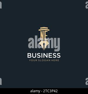 NE monogram initial logo with fountain pen and pillar style design ideas Stock Vector