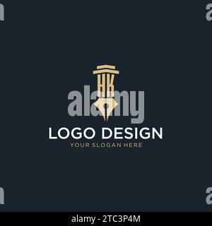 HK monogram initial logo with fountain pen and pillar style design ideas Stock Vector