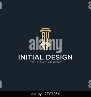 BY monogram initial logo with fountain pen and pillar style design ideas Stock Vector