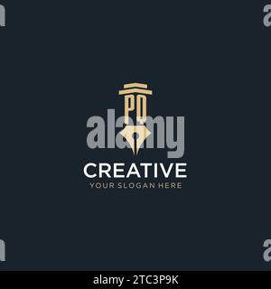 PQ monogram initial logo with fountain pen and pillar style design ideas Stock Vector