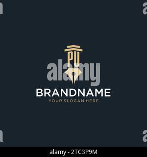 PV monogram initial logo with fountain pen and pillar style design ideas Stock Vector