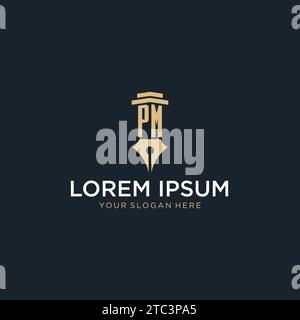 PM monogram initial logo with fountain pen and pillar style design ideas Stock Vector
