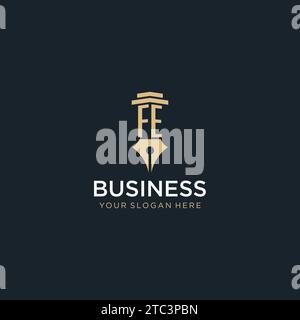 FE monogram initial logo with fountain pen and pillar style design ideas Stock Vector