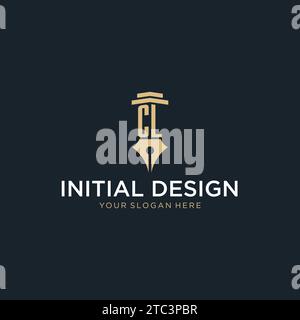 CL monogram initial logo with fountain pen and pillar style design ideas Stock Vector