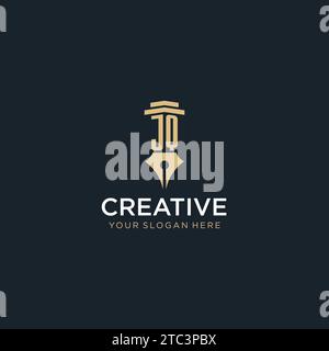 JQ monogram initial logo with fountain pen and pillar style design ideas Stock Vector