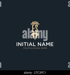 ES monogram initial logo with fountain pen and pillar style design ideas Stock Vector
