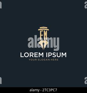 FM monogram initial logo with fountain pen and pillar style design ideas Stock Vector