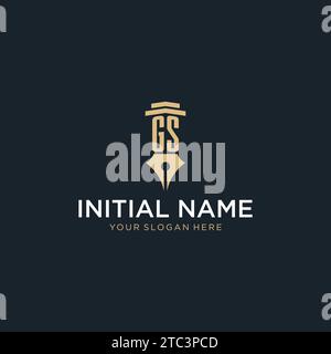 GS monogram initial logo with fountain pen and pillar style design ideas Stock Vector