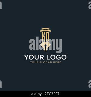 KO monogram initial logo with fountain pen and pillar style design ideas Stock Vector