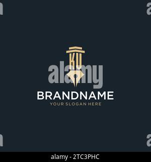 KV monogram initial logo with fountain pen and pillar style design ideas Stock Vector