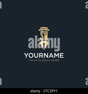 SW monogram initial logo with fountain pen and pillar style design ideas Stock Vector