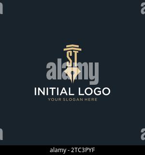 ST monogram initial logo with fountain pen and pillar style design ideas Stock Vector