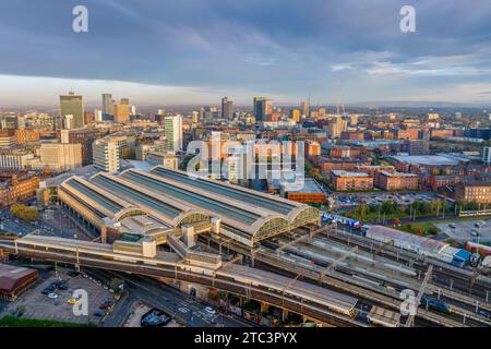 Manchester City centre Aerial view of Piccadilly train station and surrounding city centre. railway transport and HS2 Stock Photo