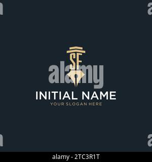 SF monogram initial logo with fountain pen and pillar style design ideas Stock Vector