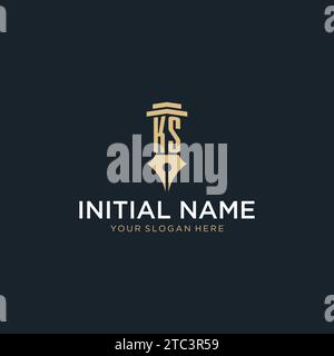 KS monogram initial logo with fountain pen and pillar style design ideas Stock Vector