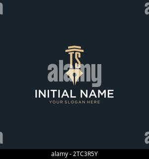 TS monogram initial logo with fountain pen and pillar style design ideas Stock Vector