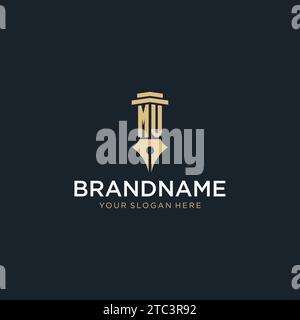 MV monogram initial logo with fountain pen and pillar style design ideas Stock Vector