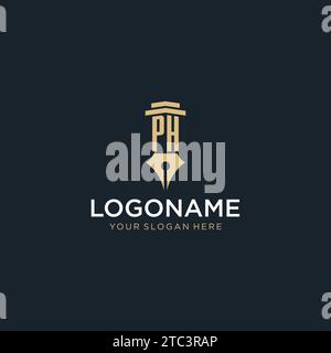 PH monogram initial logo with fountain pen and pillar style design ideas Stock Vector