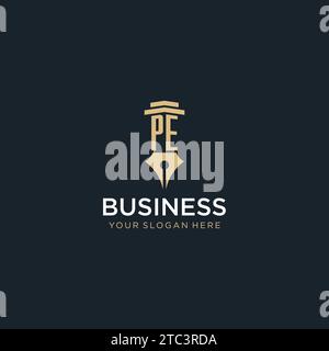 PE monogram initial logo with fountain pen and pillar style design ideas Stock Vector