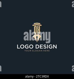 OX monogram initial logo with fountain pen and pillar style design ideas Stock Vector