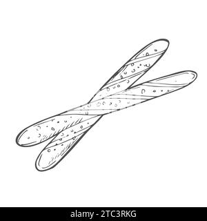 Italian bread grissini. Vector outline illustration in doodle style for cafe and bakery menu or logo, label and bread packaging. Crispy sticks covered Stock Vector