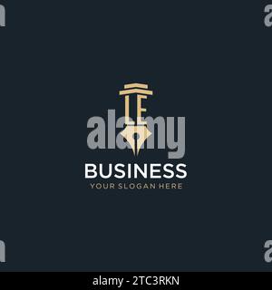 LE monogram initial logo with fountain pen and pillar style design ideas Stock Vector